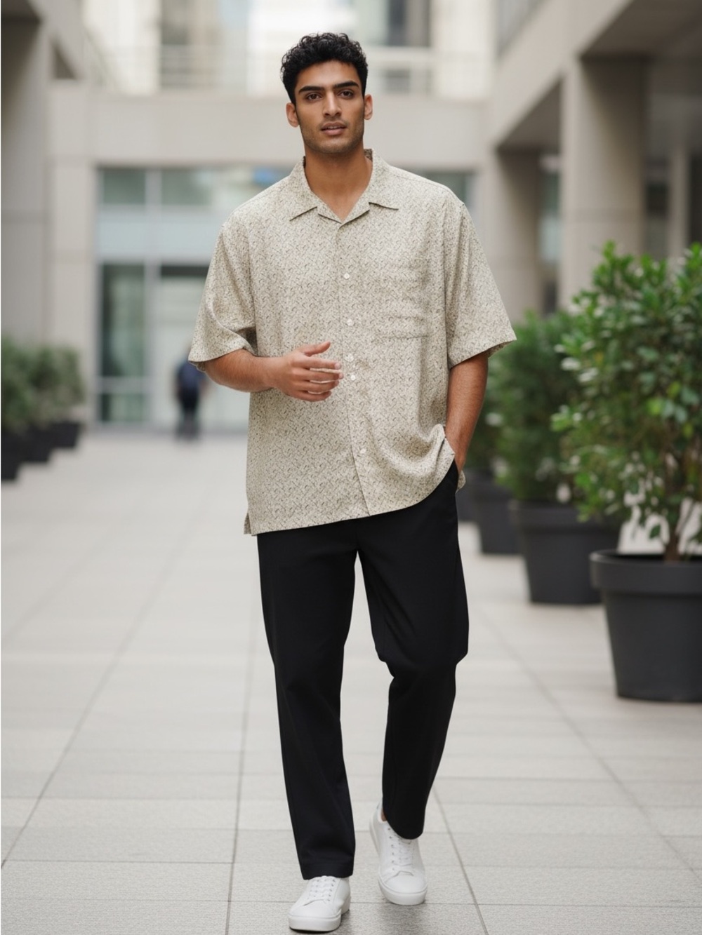 Daniel Cremieux Beige and Navy Scroll-Print Button-Up